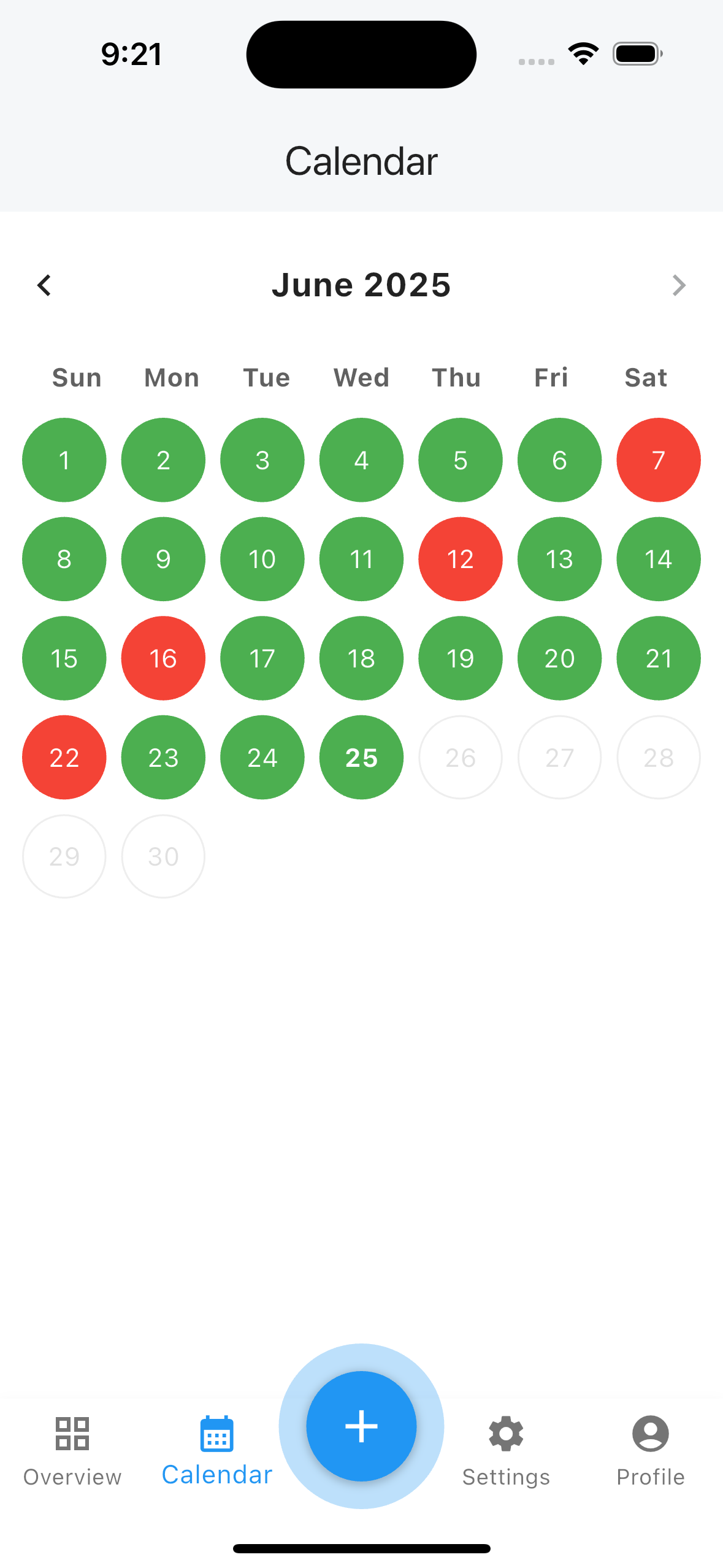 Calendar view in light mode with each day marked good or bad