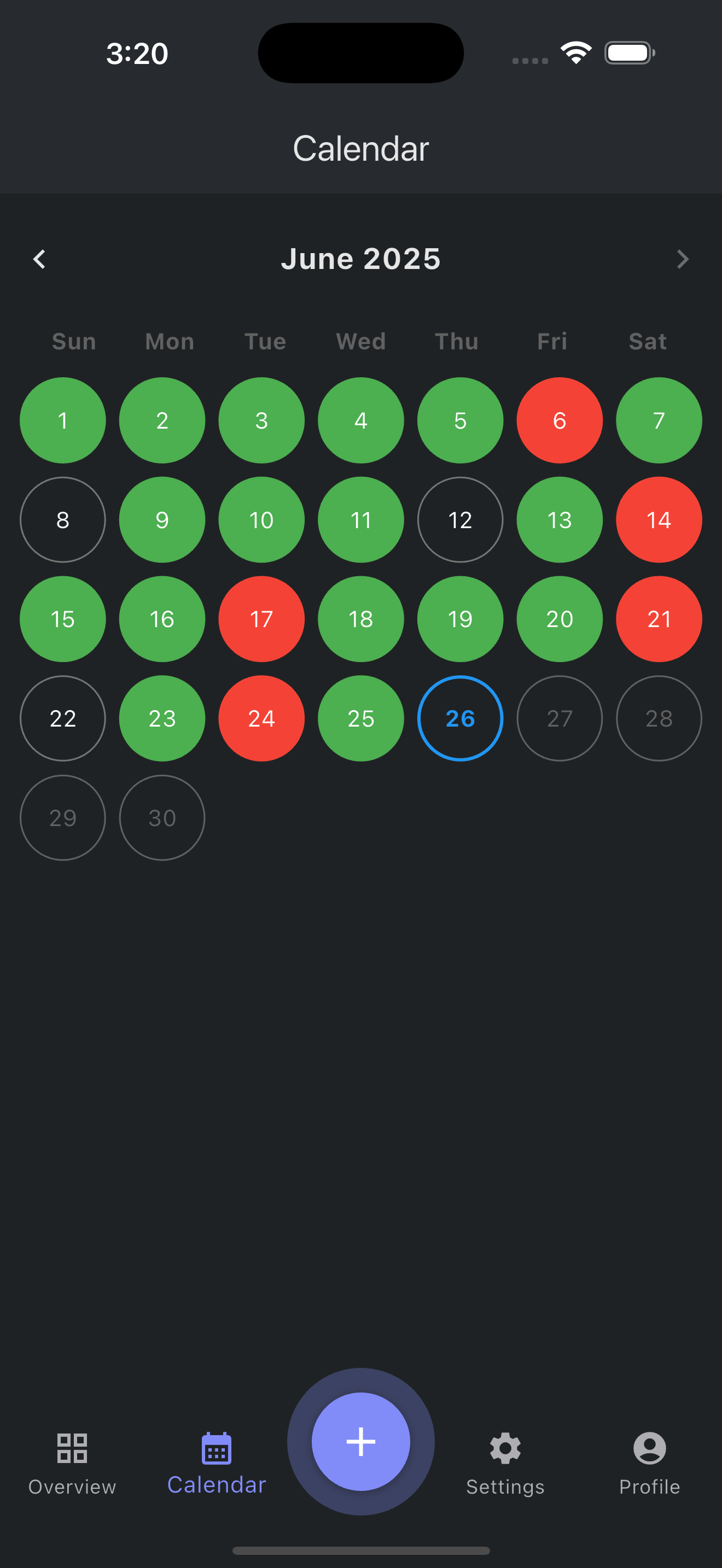 Calendar view in dark mode showing June 2025 with green and red day markers