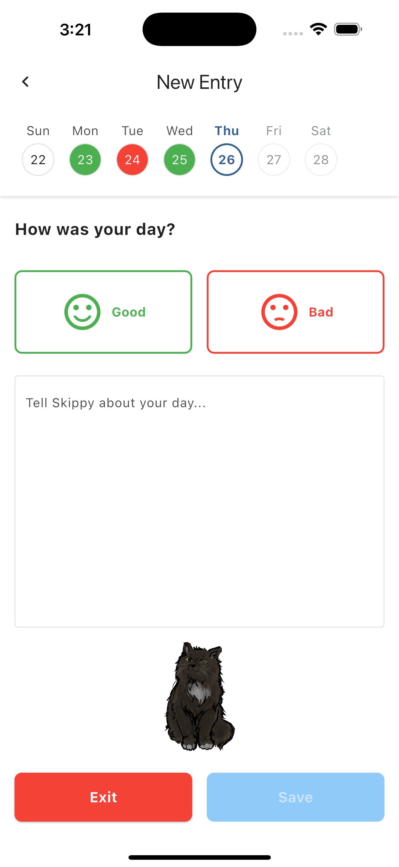 New journal entry in light mode asking how was your day, with Good and Bad buttons