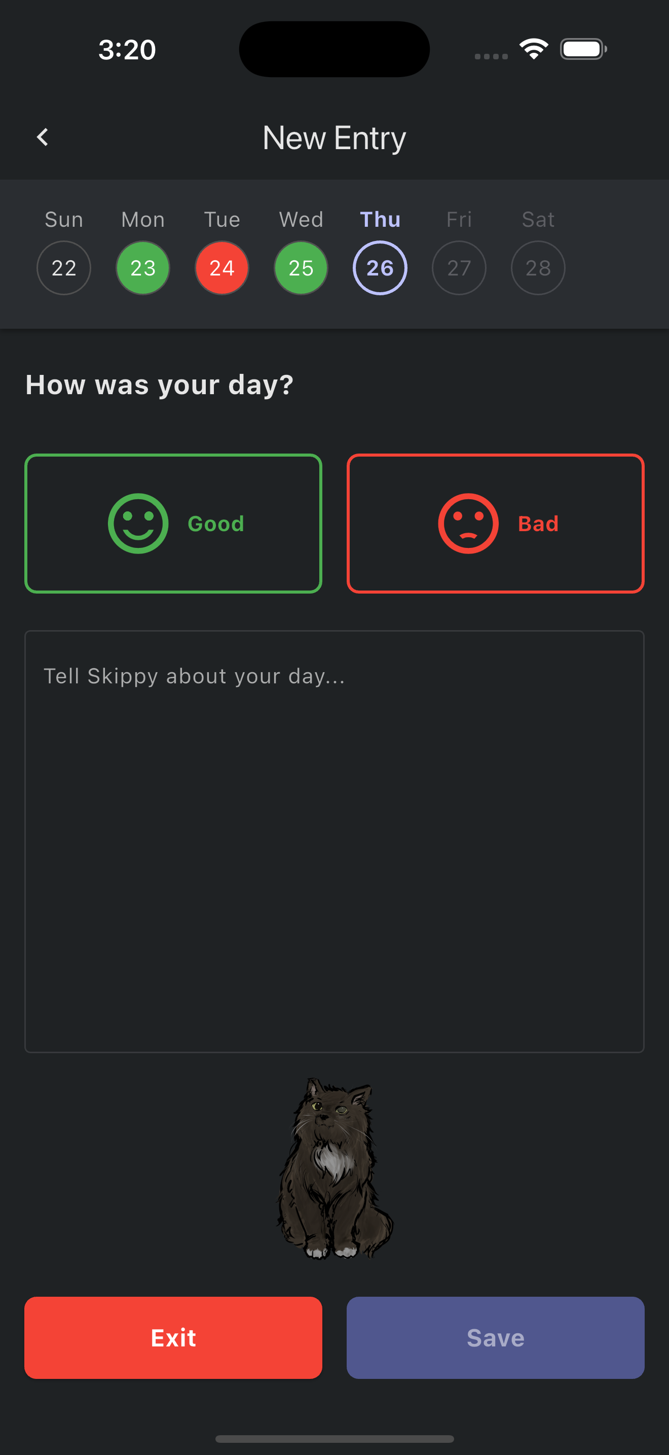 New journal entry in dark mode